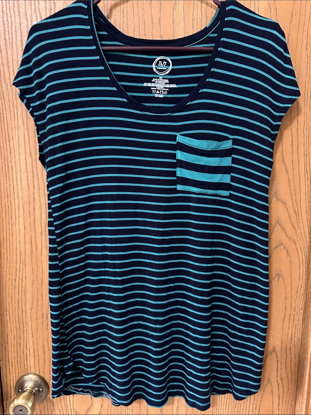 Maurices Navy and Teal Striped Scoop Pocket Short Sleeve Top
